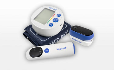 Med-Pat Total Health Bundle including infrared thermometer, blood pressure monitor, and pulse oximeter.